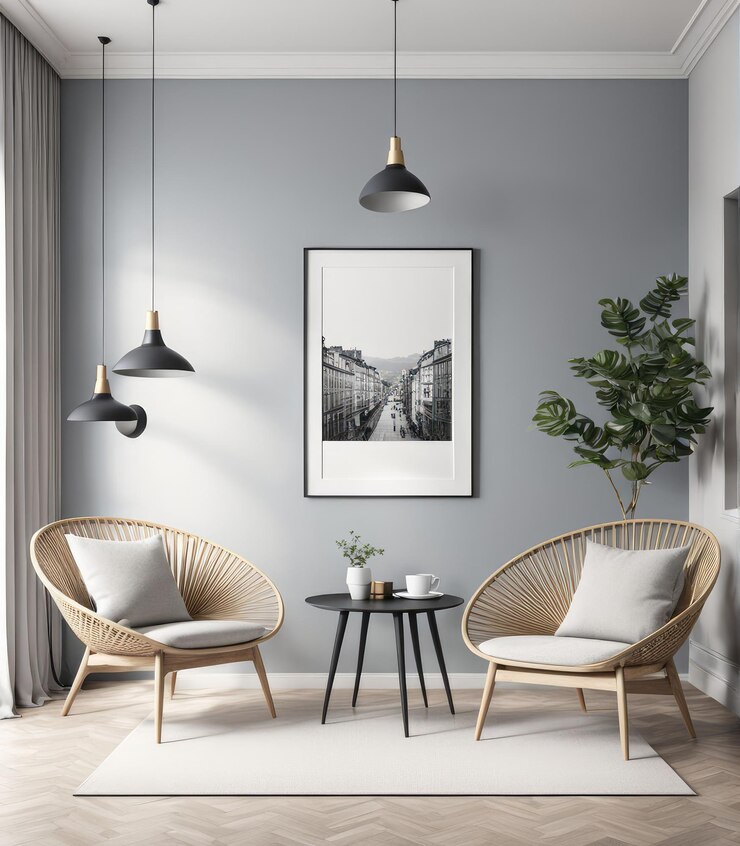 3d rendering of framed mockup of apartment interior with chairs and decorations