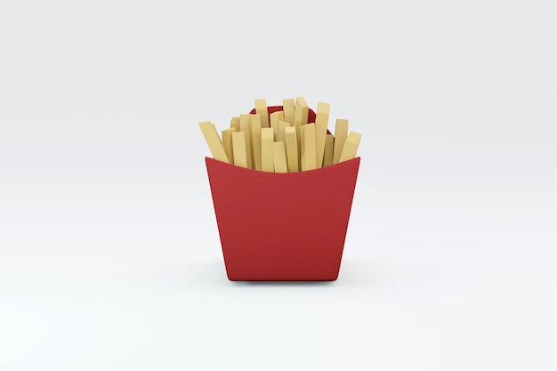 3D Rendering of french fried in red box isolated on white background concept of American fast food snack. 3D render illustration cartoon style.