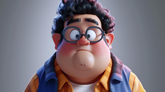 3D rendering of a funny cartoon character The character is a young man with curly black hair big eyes and a surprised expression on his face