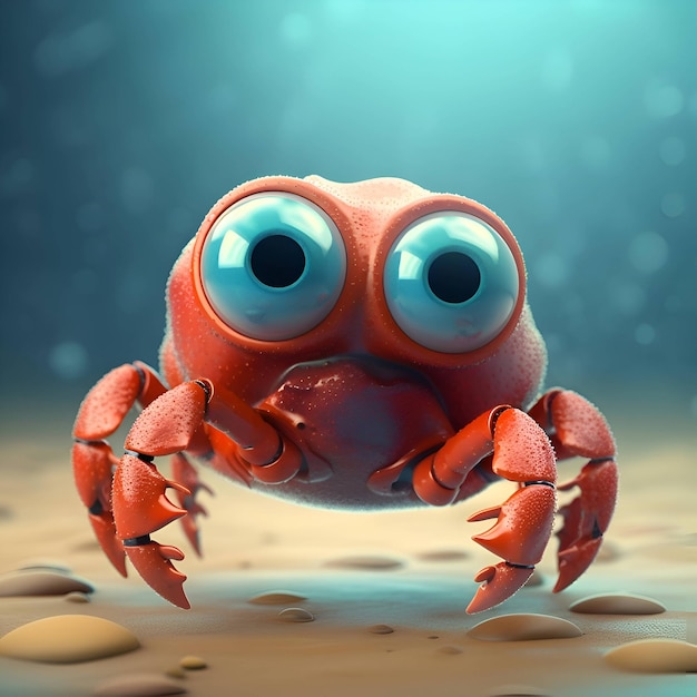 3d rendering of a funny red crab with blue eyes on a blurred background