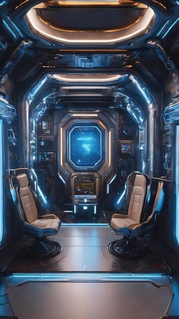 Фото 3d-рендеринг интерьера космического корабля с синим светом