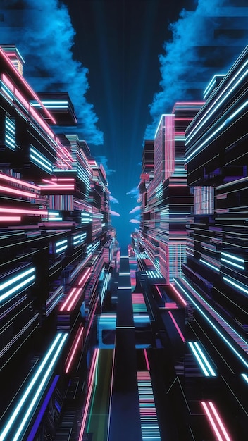 3d rendering of a futuristic background with geometric shapes and colorful neon lights