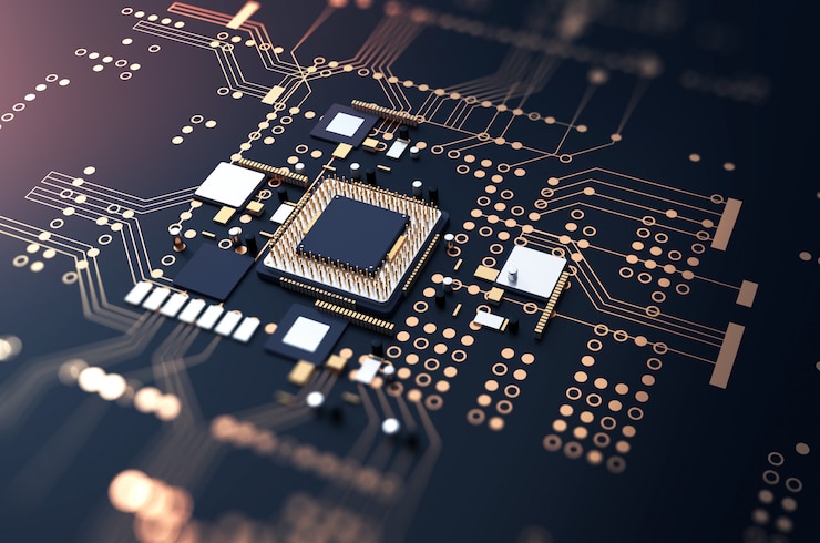 Photo 3d rendering of futuristic blue circuit board 