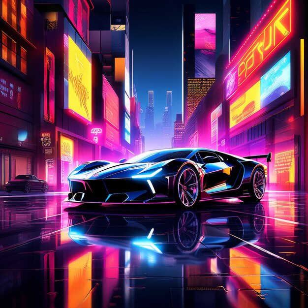 Photo 3d rendering of a futuristic car on a background of the night city with a neon light high qual