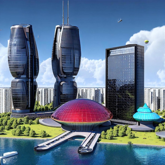 A 3D rendering of a futuristic city block with buildings and a park with two glass domes