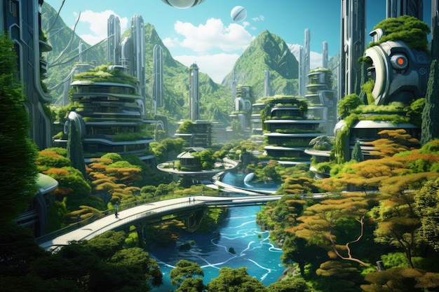 3D rendering of a futuristic city with a pond and a bridge A futuristic metropolis nestled in a lush jungle showcasing the harmony between nature and technology AI Generated