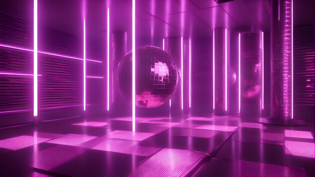 Photo 3d rendering of a futuristic corridor with neon lights and disco ball