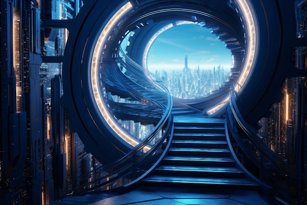 3D rendering of a futuristic corridor with stairs and illuminated cityscape