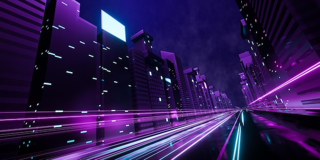 3d rendering futuristica città cyberpunk con sentiero di luce blu e rosa.