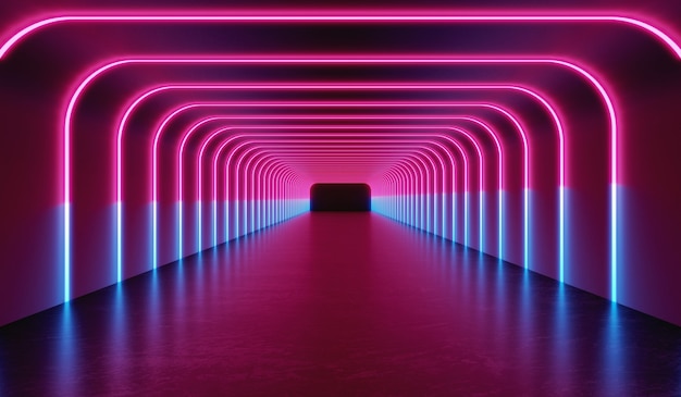 Foto rendering 3d futuristica stanza buia con luce laser al neon incandescente stanza scifi tunnel rosa e blu