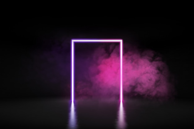 3D rendering of futuristic glowing neon lights in square shape and smoke on concrete floor.