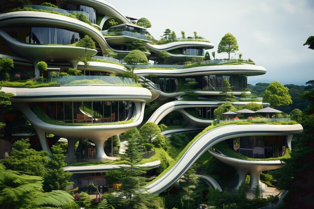 植生が生えている未来的な現代建築の3Dレンダリング