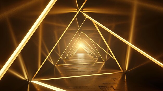 3d rendering Futuristic polygonal tunnel with golden lights in the dark