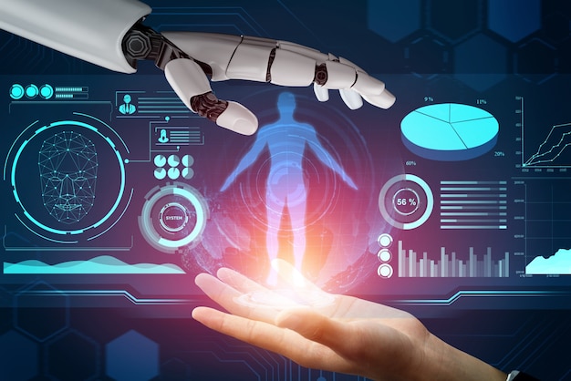 3d 렌더링 미래형 로봇 기술 개발, 인공 지능 Ai 및 기계 학습 개념