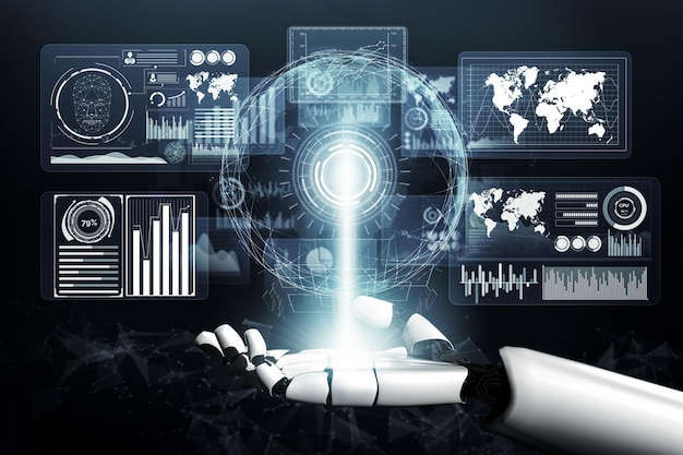 3d rendering futuristic robot technology development artificial intelligence ai and machine learning concept global robotic bionic science research for future human life 3d illustration