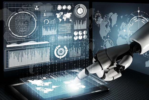 3d rendering futuristic robot technology development artificial intelligence ai and machine learning concept global robotic bionic science research for future human life 3d illustration