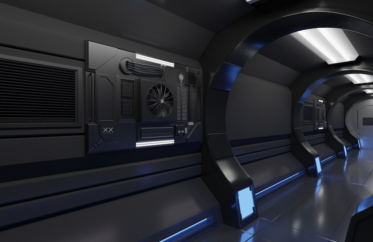 큰 터널 3D 렌더링 미래 우주선 인테리어