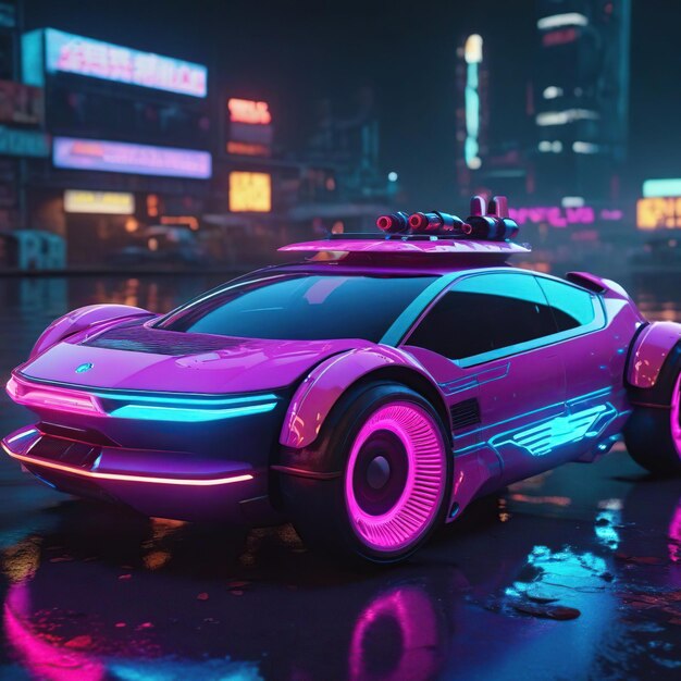 3D rendering of a futuristic sports car in neon light on a dark background