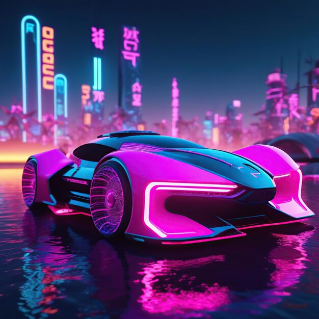 3D rendering of a futuristic sports car in neon light on a dark background