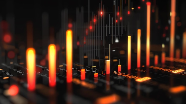 Photo 3d rendering of a futuristic stock market the image features a dark background with a glowing orange grid of numbers and symbols