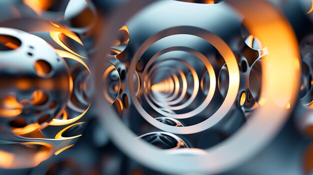 3D rendering of a futuristic tunnel made of interlocking metal rings The rings are lit by a bright light at the end of the tunnel