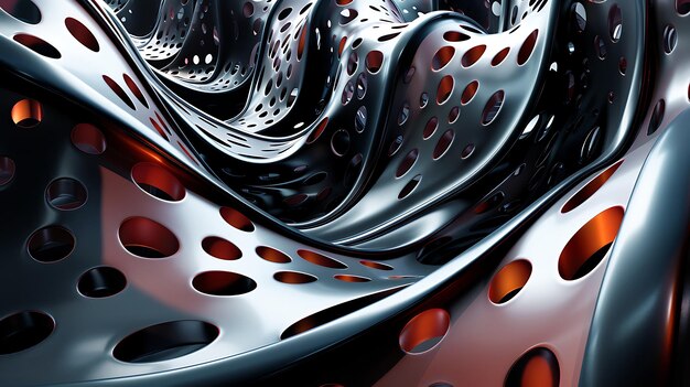 Photo 3d rendering of a futuristic wavy organic perforated metallic surface with an orange glow from inside