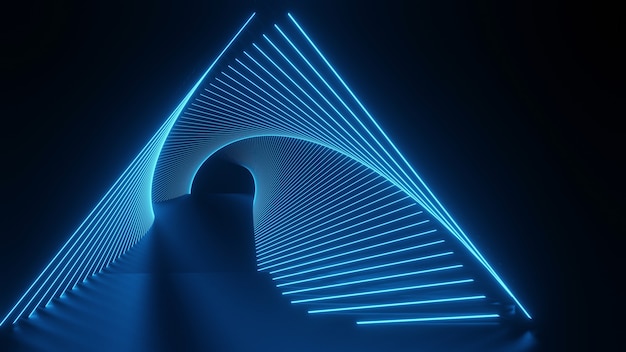 3D-rendering, futuristische abstracte neonachtergrond, gloedlijn, driehoekstunnel, gang, leeg ultraviolet neonlicht.