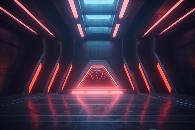 3D-rendering Futuristische gang met gloeiende neonlichten Scifi-interieur