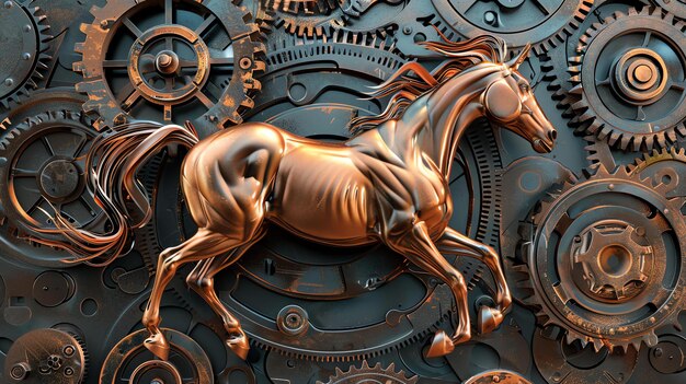 3D rendering of a galloping horse made of metal with a steampunk style The horse is running through a background of gears and cogs