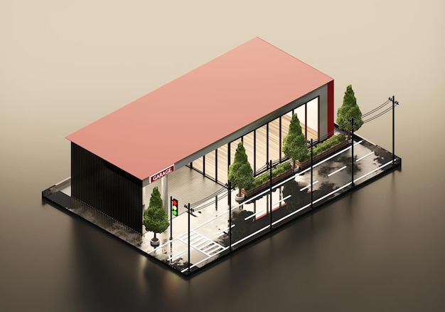 3D-rendering garage in isometrische weergave exterieur achtergrond