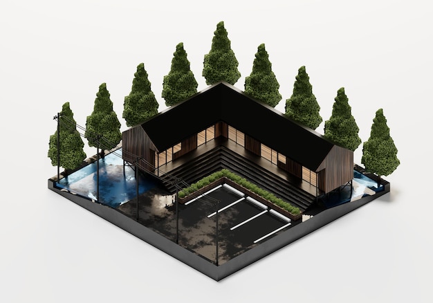 3D Rendering Garden House Isometric View Exterior Background