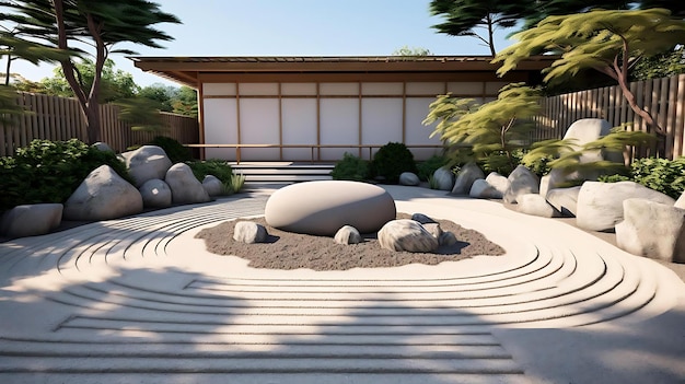 A 3d rendering of a garden with a fountain and rocks