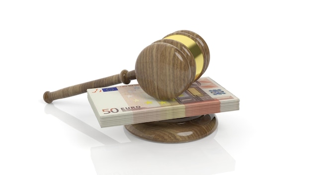 3D rendering of gavel on 50 Euros banknote pack isolated on white background