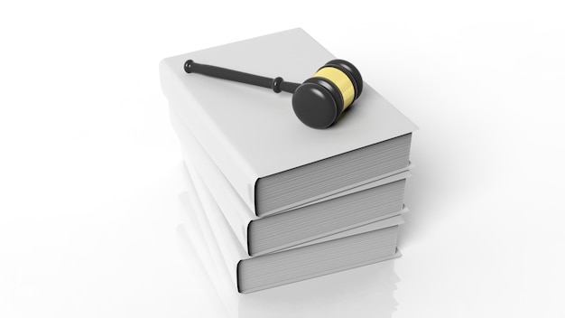 3D rendering of gavel on three blank hardcover books isolated on white background