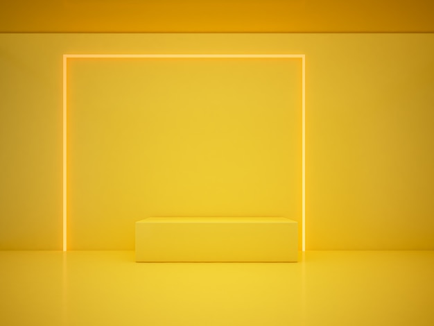 3D-rendering gele Podium en verlichting lijn gele achtergrond. minimalistisch concept