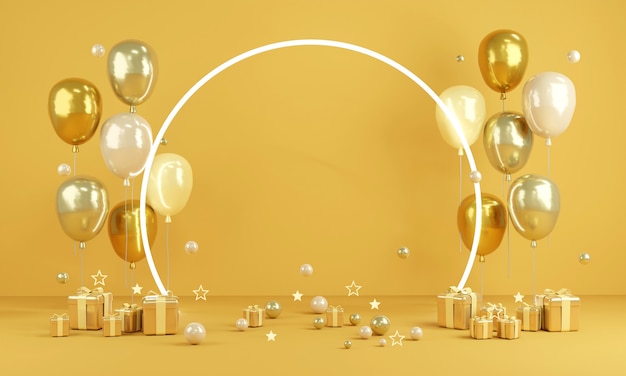 3D rendering gele thema ballonnen met licht en papier kopie ruimte voor tekst en cadeau op achtergrond