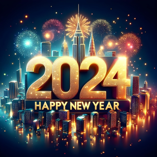 Foto 3d rendering gelukkig nieuw jaar 2024 goud 3d tekst effect ontwerp sjabloon