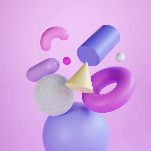 Photo 3d rendering geometric abstract illustration in purple and lilac tones ball cone cylinder