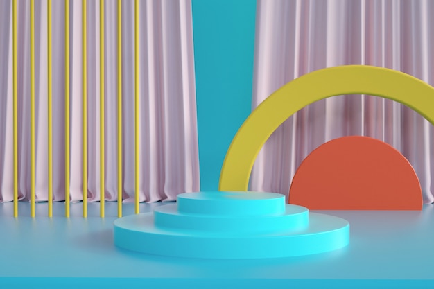 モックアップディスプレイ用のカーテンと表彰台を備えた幾何学的抽象プラットフォームの3Dレンダリング