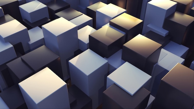 3d 렌더링 기하학적 배경 사각형 베이스가 있는 서로 다른 수준의 사각형 요소 변환 큐브 컴퓨터가 있는 추상 구조 생성