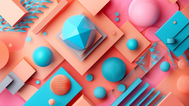 Foto rendering 3d di forme geometriche palle blu e rosa cubi e altre forme su uno sfondo rosa