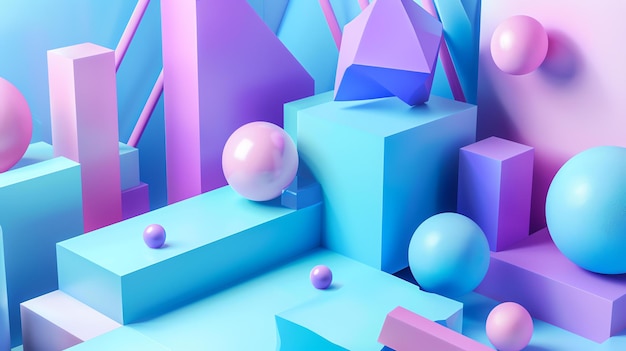 기하학적 모양의 3D 렌더링 분홍색, 파란색 및 보라색 구, 큐브 및 기타 모양 추상적인 배경