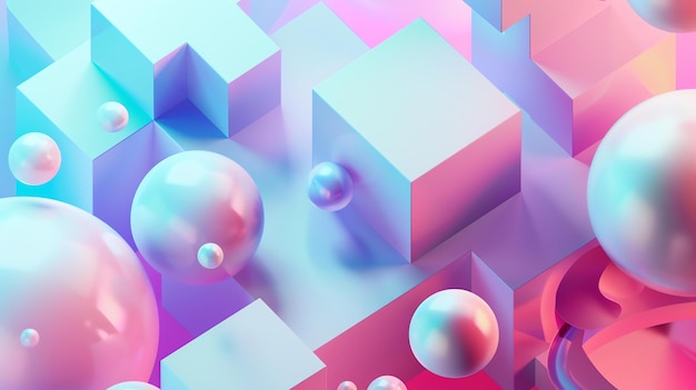 3D rendering of geometric shapes Pink blue and purple spheres float among randomly arranged cubes