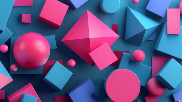 3D rendering of geometric shapes Pink and blue spheres cubes and pyramids on a blue background