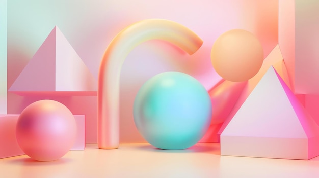 3D rendering of geometric shapes Pink blue and yellow pastel colors Balls cylinders and triangles Abstract composition