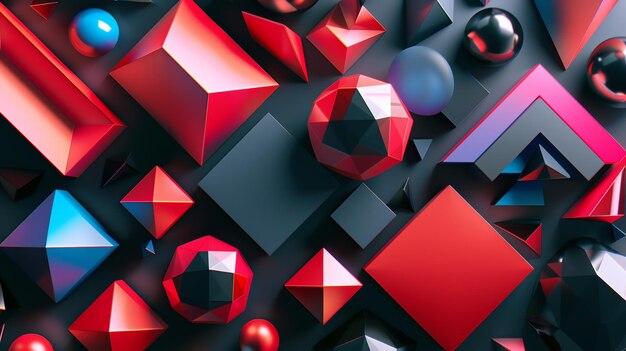 Photo 3d rendering of geometric shapes red blue and black shapes of different sizes and shapes arranged in a pleasing pattern