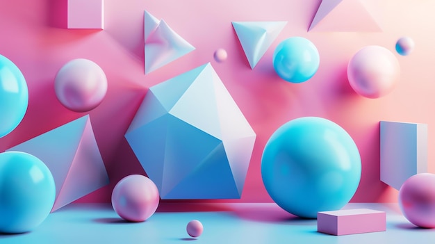 3D rendering of geometric shapes in various pastel colors The shapes appear to be floating in a pinklit space The image has a soft dreamy quality