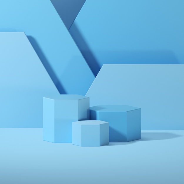 3d rendering of geometrical podiums on blue background