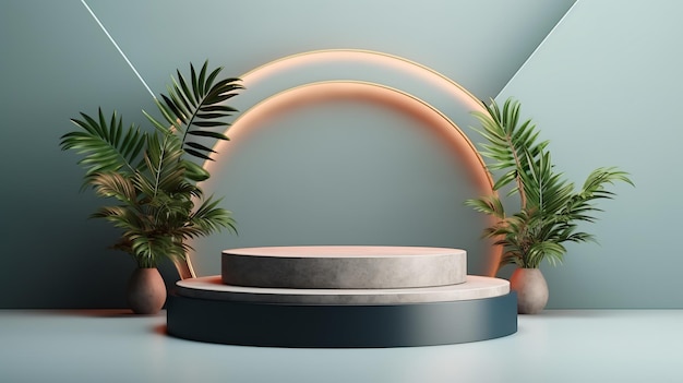 3D rendering of geometry podium with plant