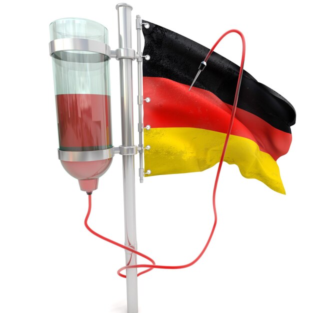 3D rendering of the German flag connected to a blood transfusion unit